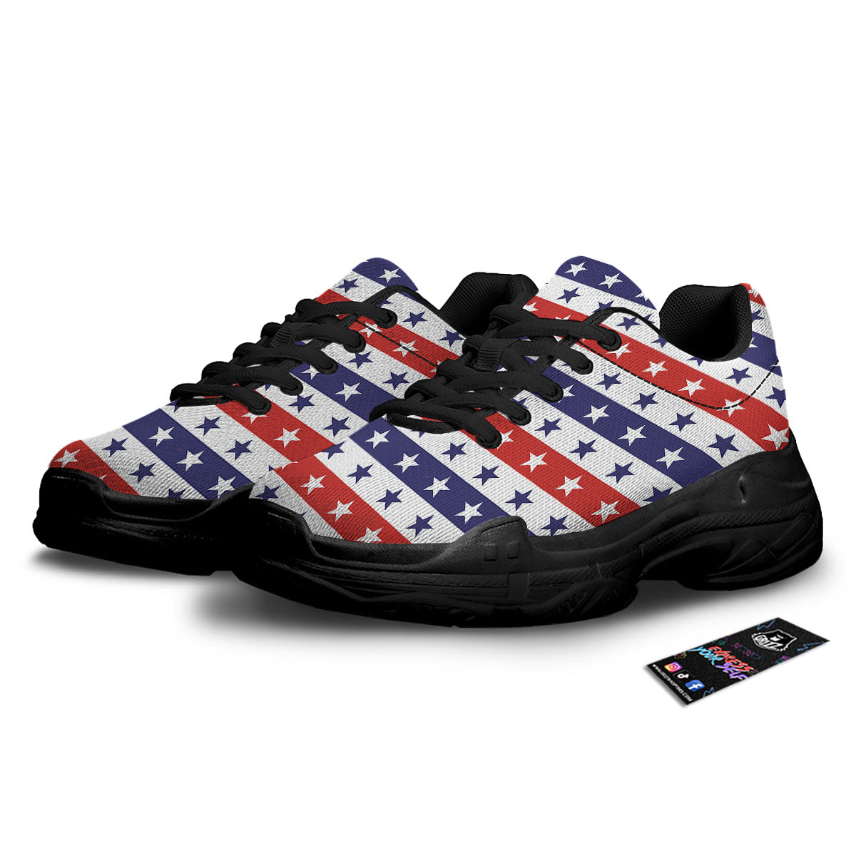 Star USA Patriotic Print Pattern Black Chunky Shoes-grizzshop