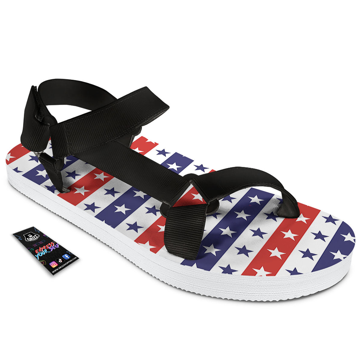 Star USA Patriotic Print Pattern Black Open Toe Sandals-grizzshop