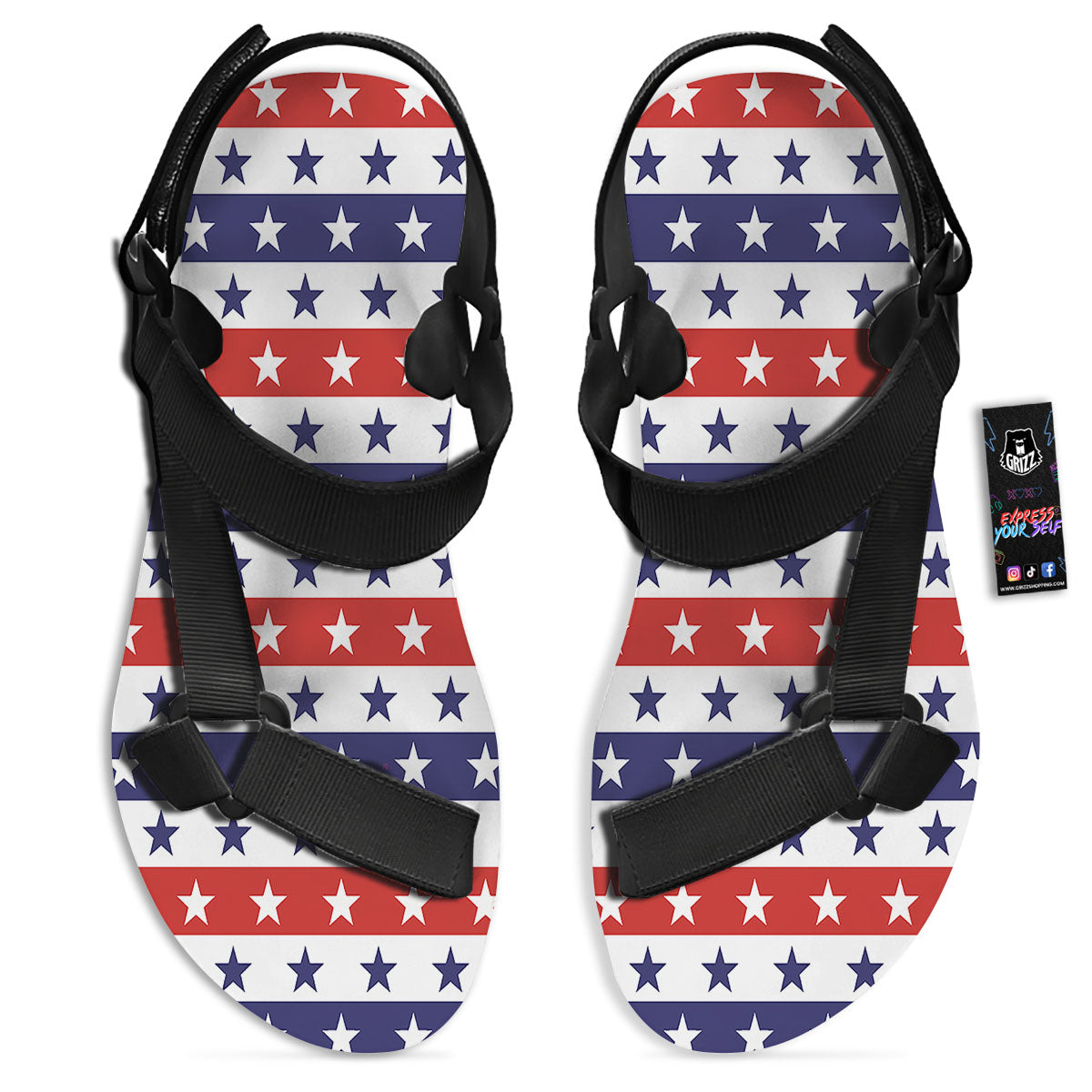 Star USA Patriotic Print Pattern Black Open Toe Sandals-grizzshop