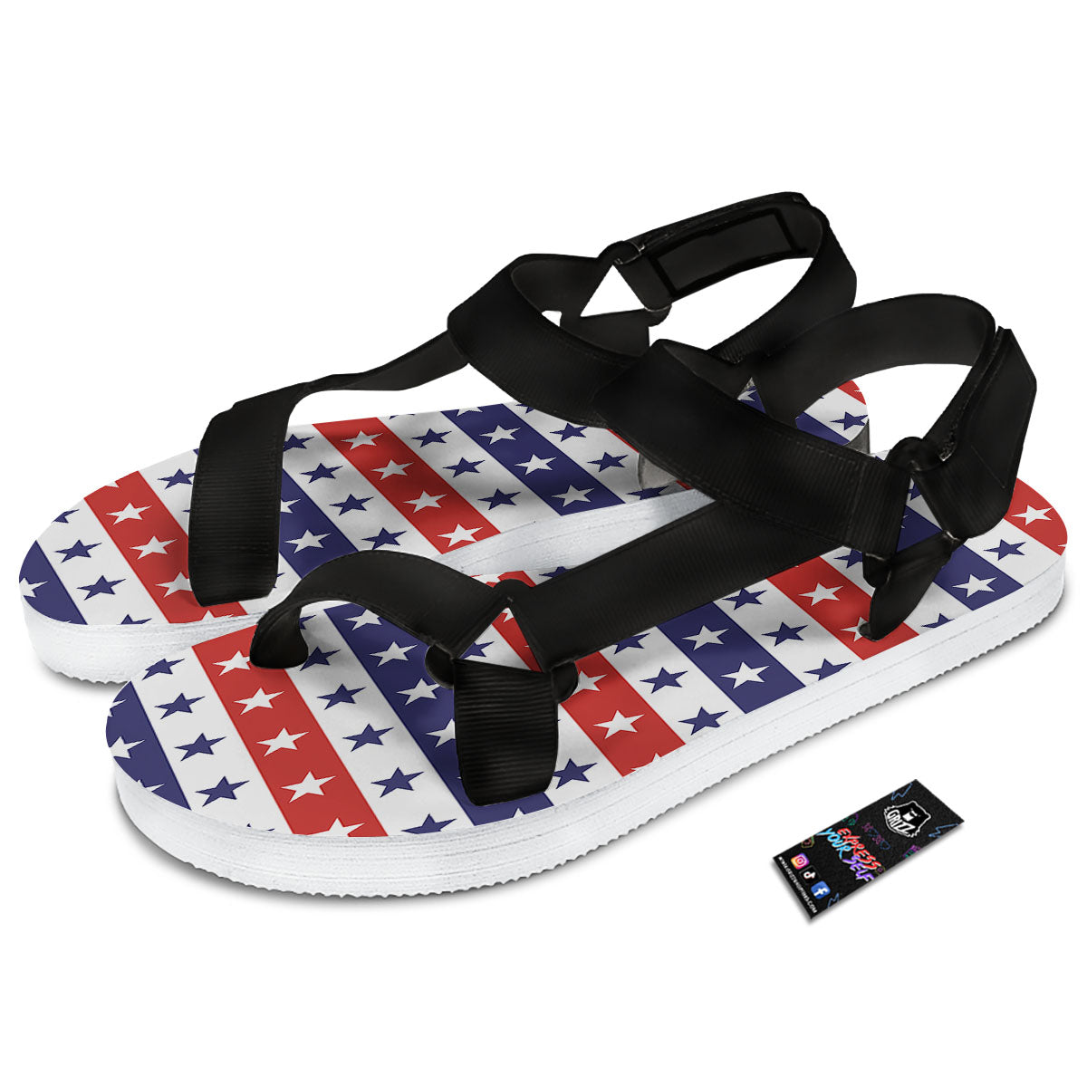 Star USA Patriotic Print Pattern Black Open Toe Sandals-grizzshop