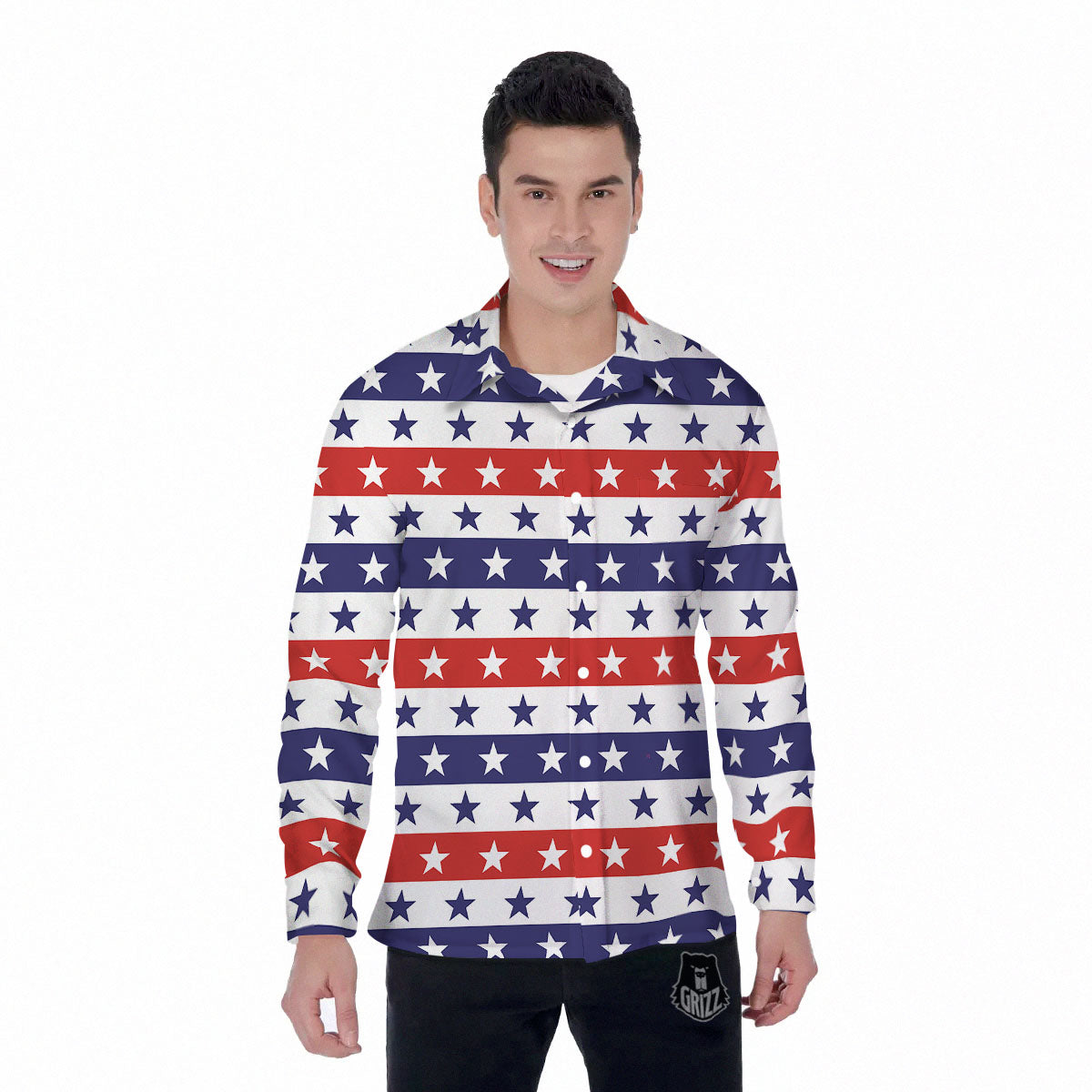 Star USA Patriotic Print Pattern Men's Long Sleeve Shirts-grizzshop