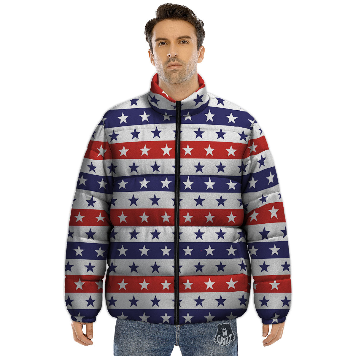 Star USA Patriotic Print Pattern Puffer Jacket-grizzshop