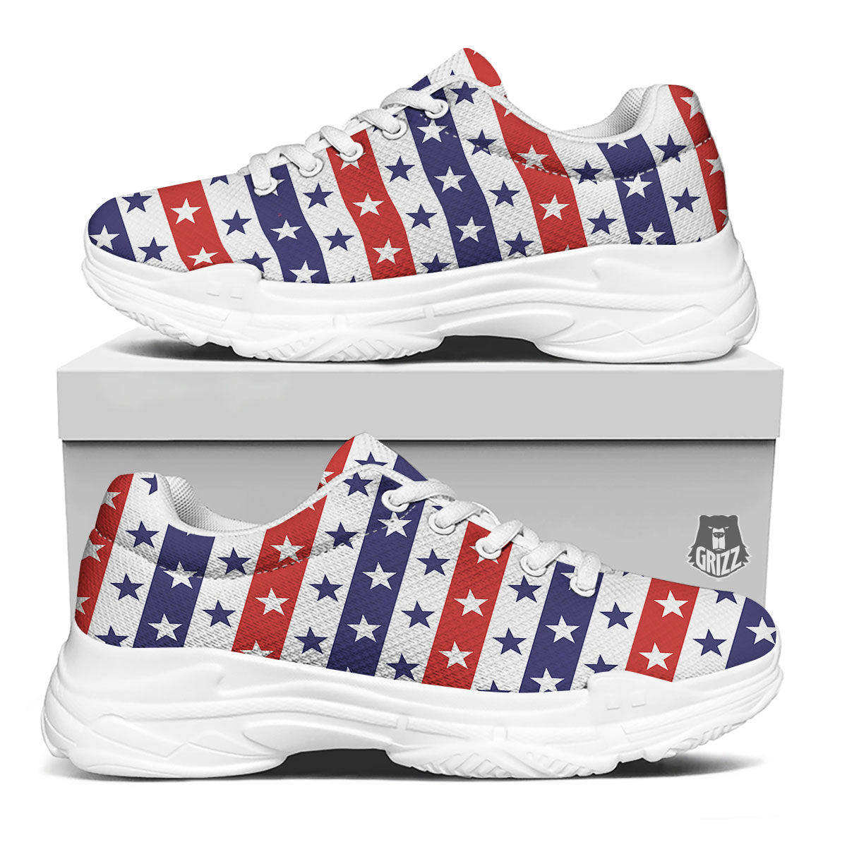 Star USA Patriotic Print Pattern White Chunky Shoes-grizzshop