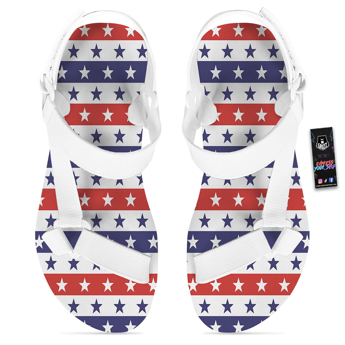 Star USA Patriotic Print Pattern White Open Toe Sandals-grizzshop