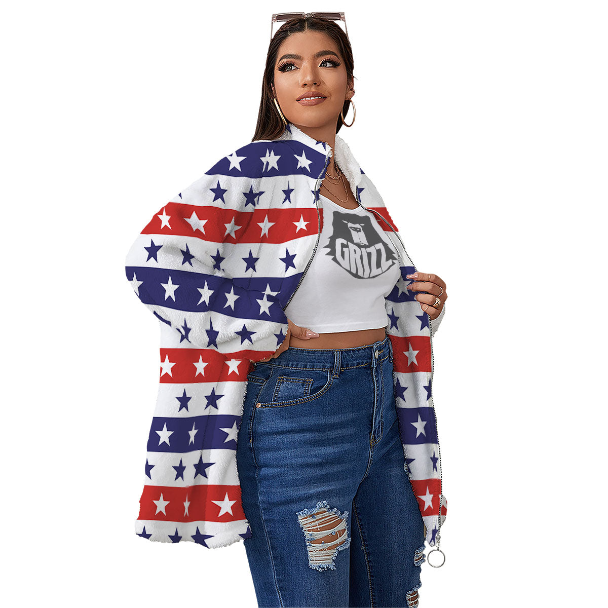 Star USA Patriotic Print Pattern Women's Sherpa Jacket-grizzshop