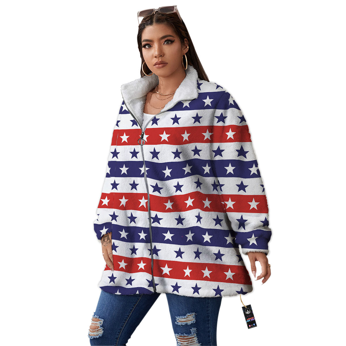 Star USA Patriotic Print Pattern Women's Sherpa Jacket-grizzshop