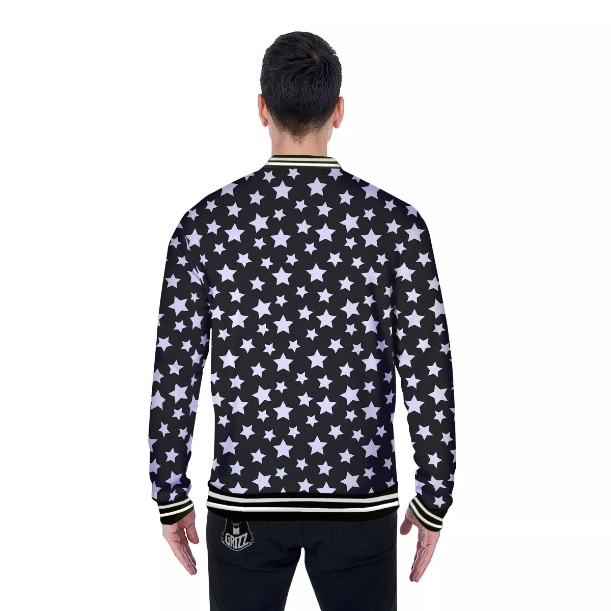 Star White And Black Print Pattern Baseball Jacket-grizzshop