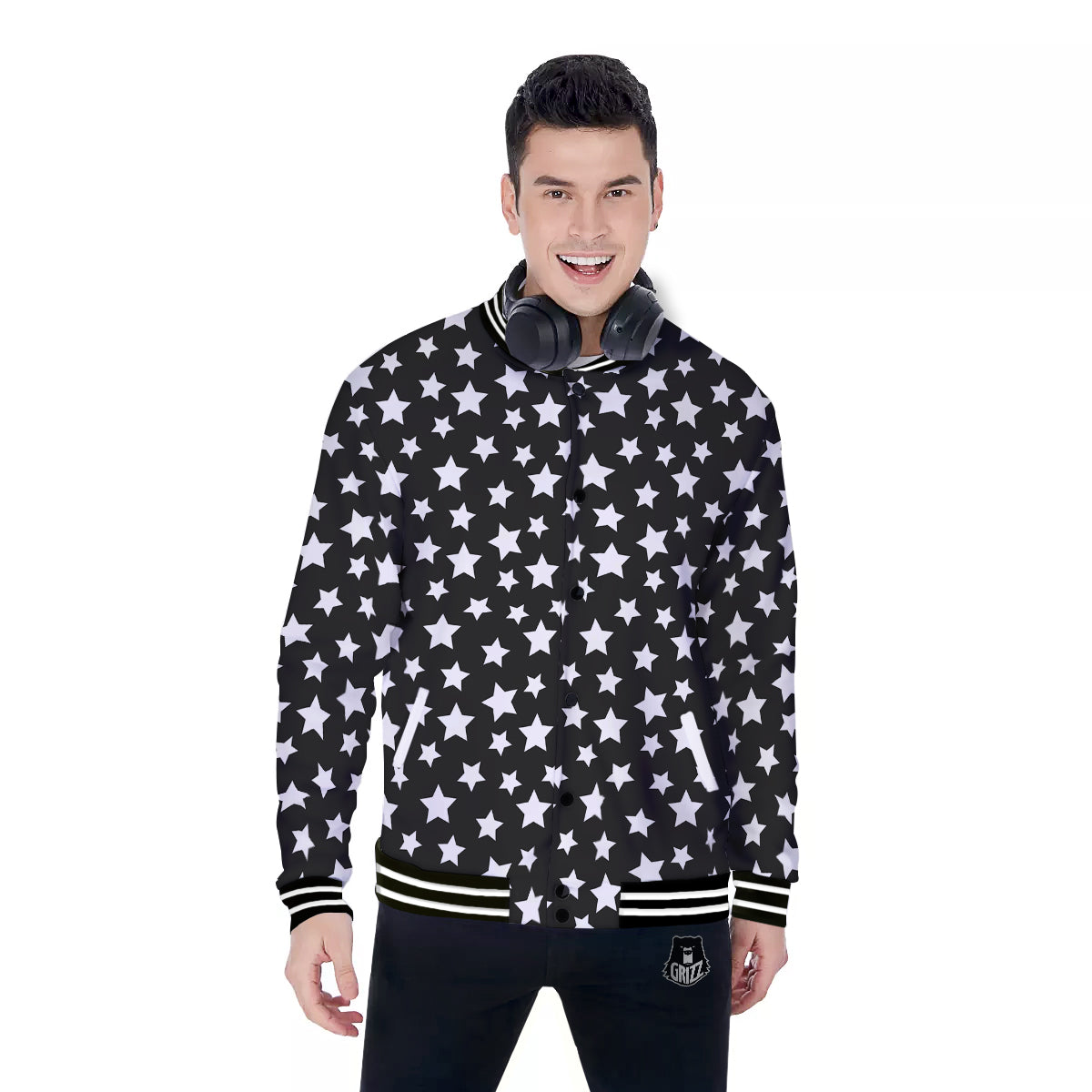 Star White And Black Print Pattern Baseball Jacket-grizzshop