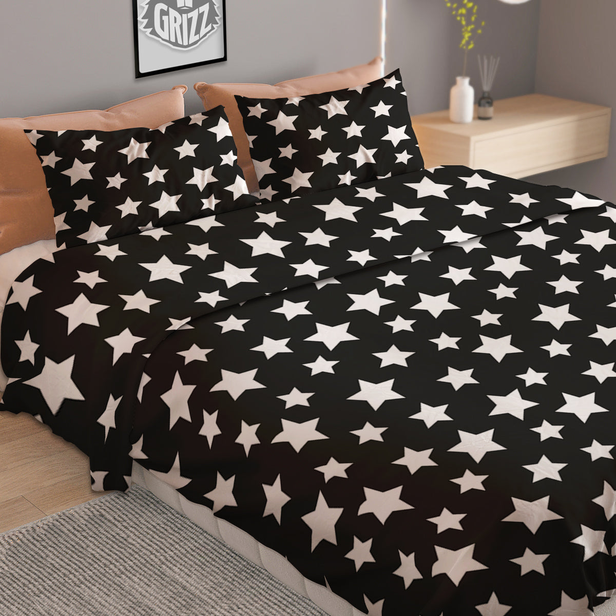 Star White And Black Print Pattern Duvet Cover Bedding Set