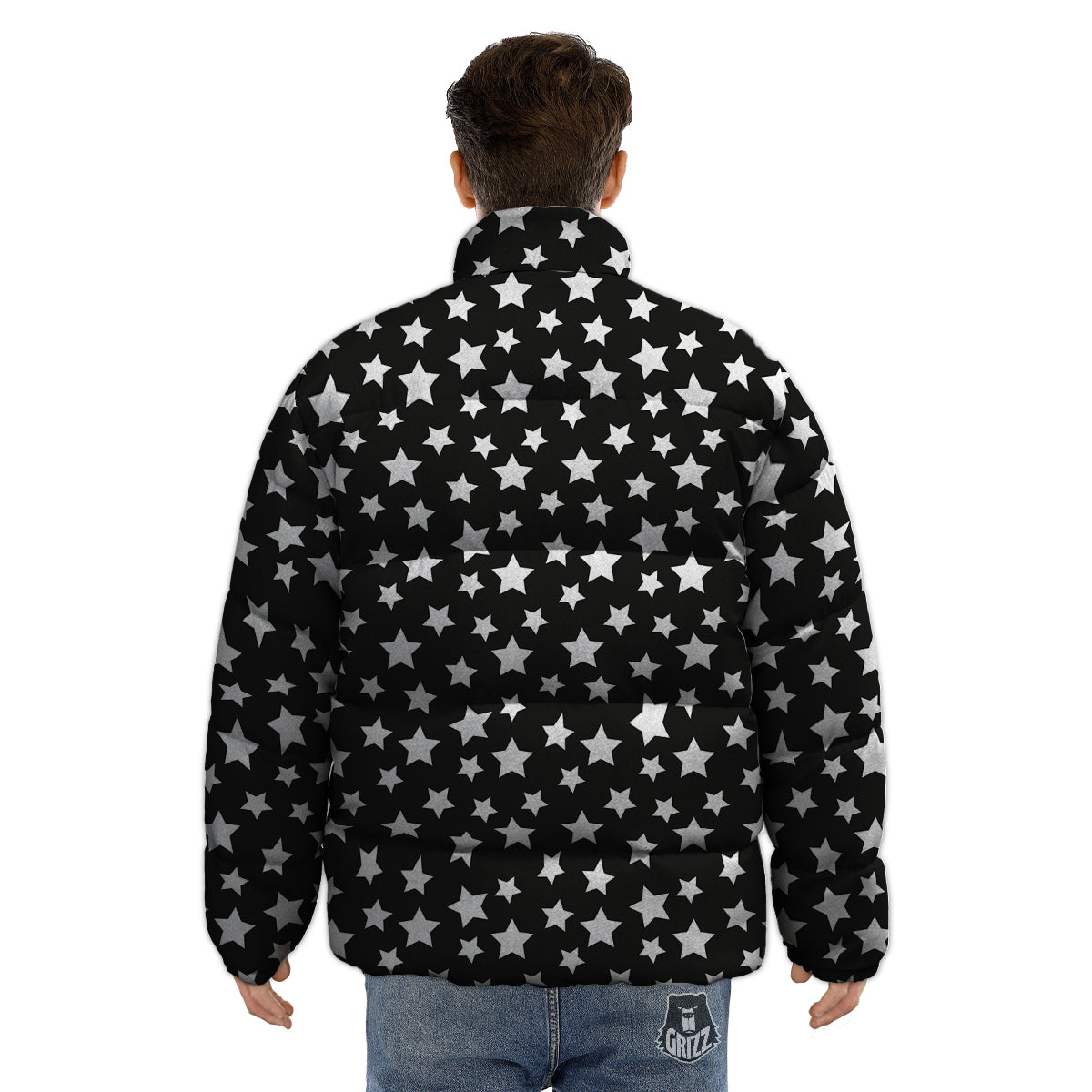 Star White And Black Print Pattern Puffer Jacket-grizzshop