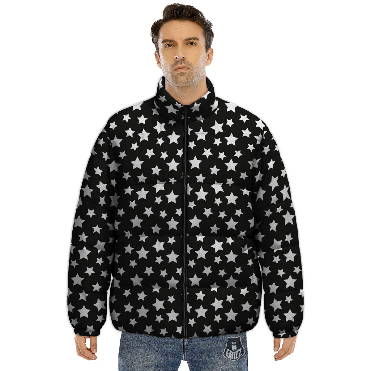 Star White And Black Print Pattern Puffer Jacket-grizzshop