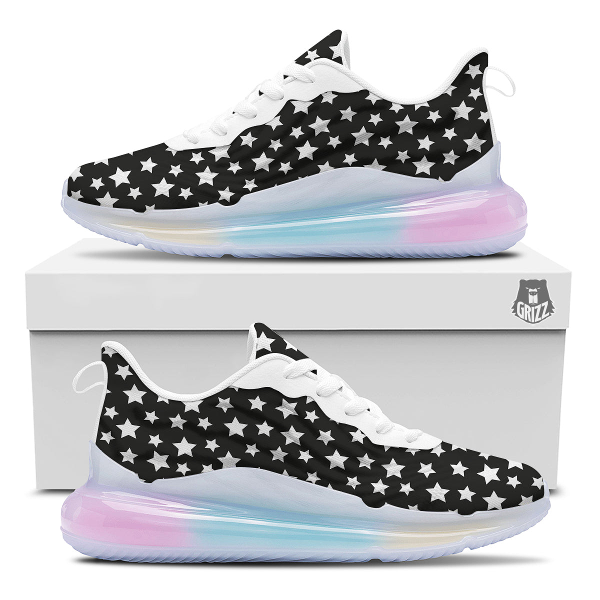 Star White And Black Print Pattern Running Sneakers-grizzshop