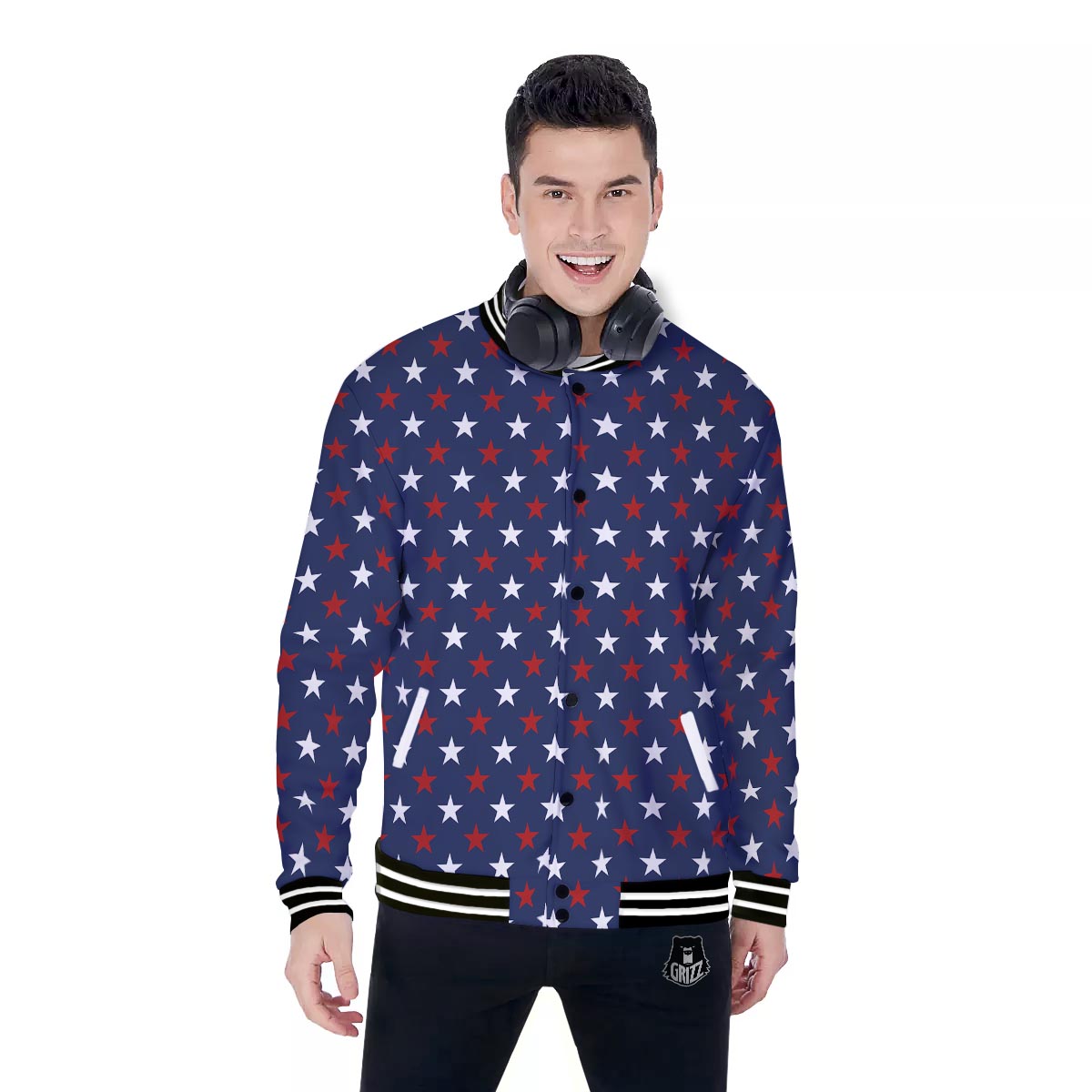 Star White And Red Print Pattern Baseball Jacket-grizzshop