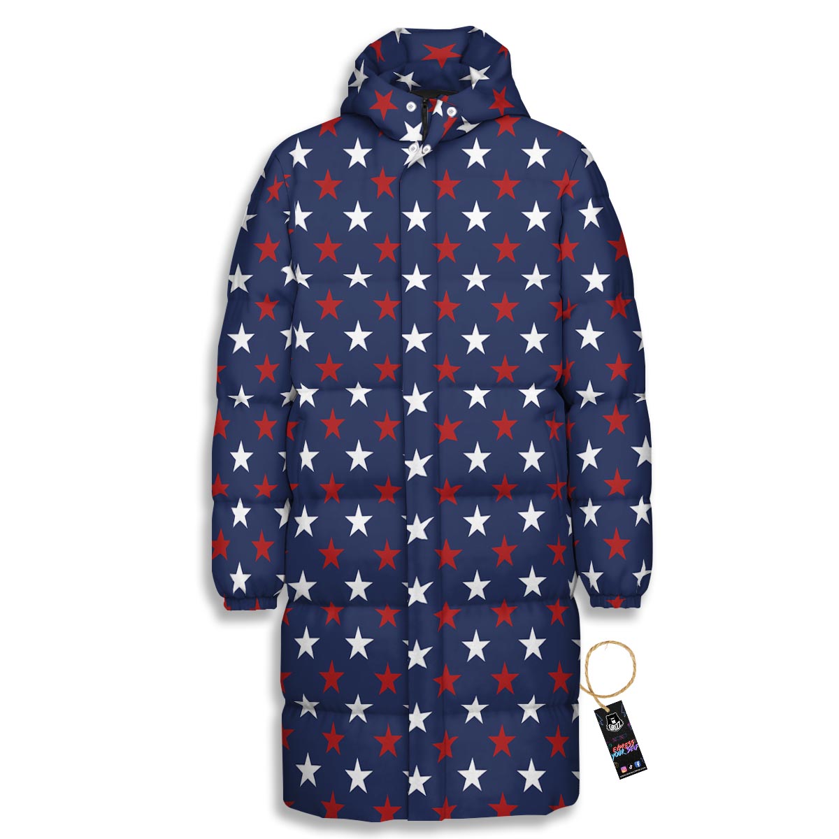 Star White And Red Print Pattern Long Down Jacket-grizzshop
