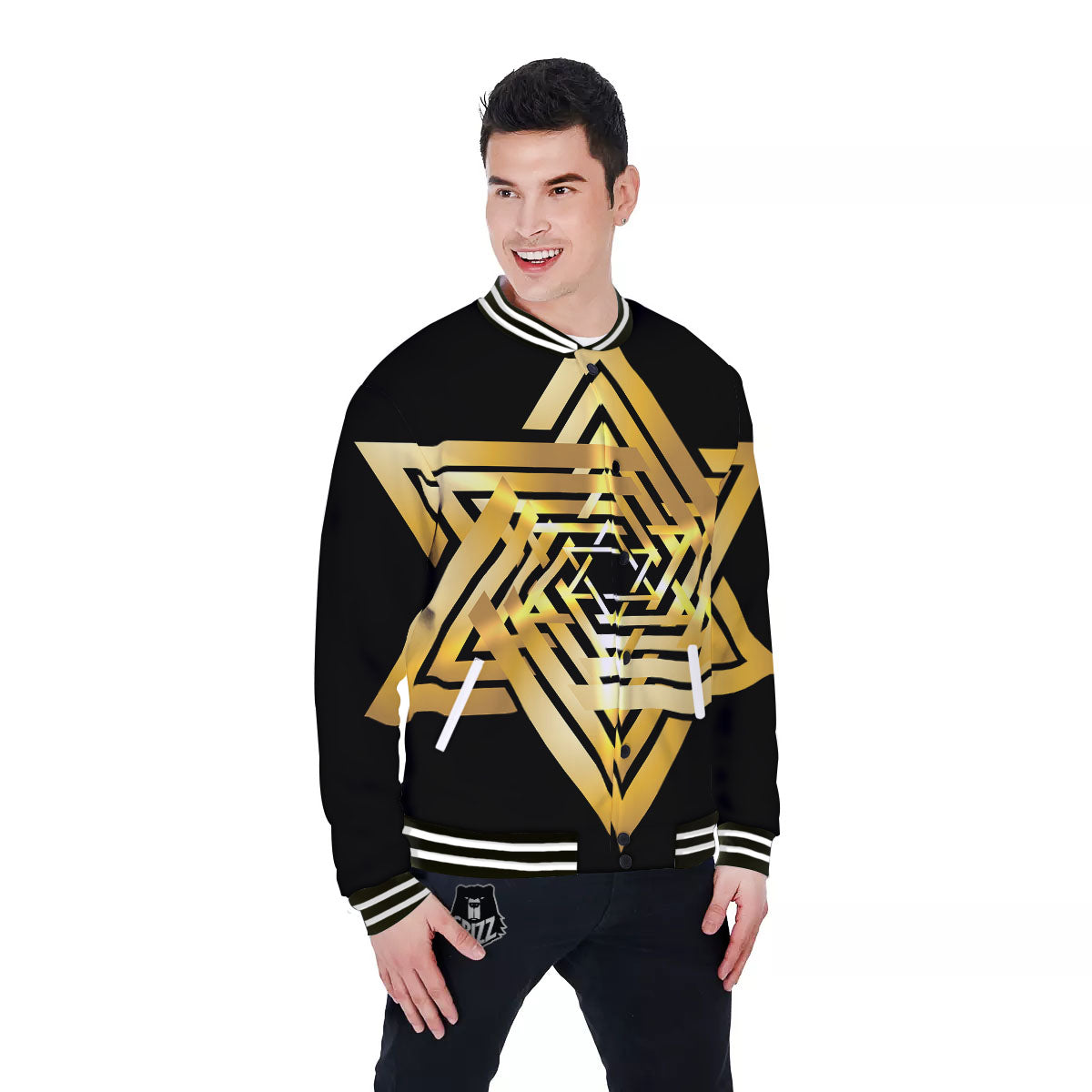 Star of David Gold And Black Print Baseball Jacket-grizzshop