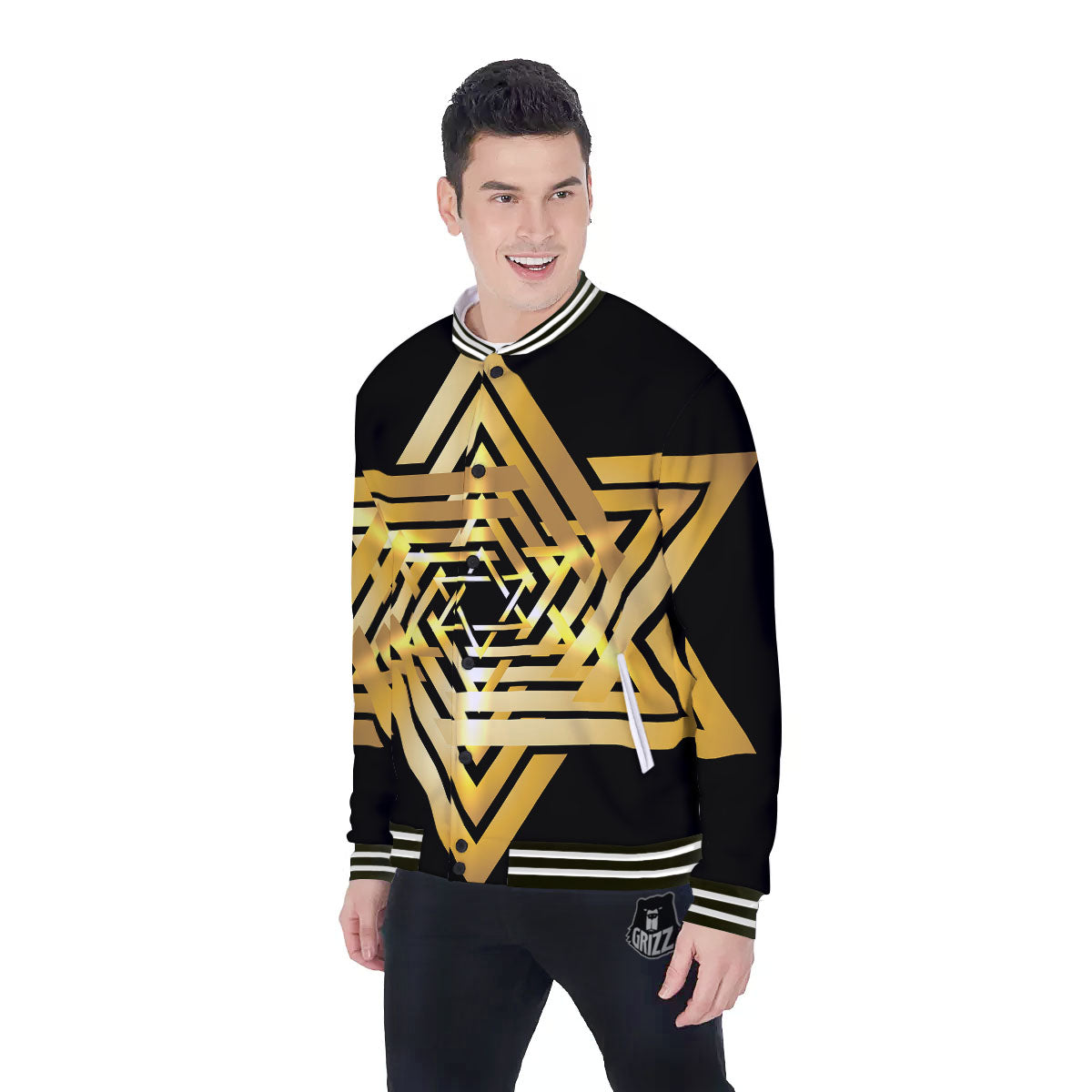 Star of David Gold And Black Print Baseball Jacket-grizzshop