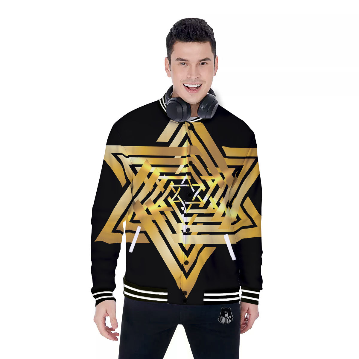 Star of David Gold And Black Print Baseball Jacket-grizzshop