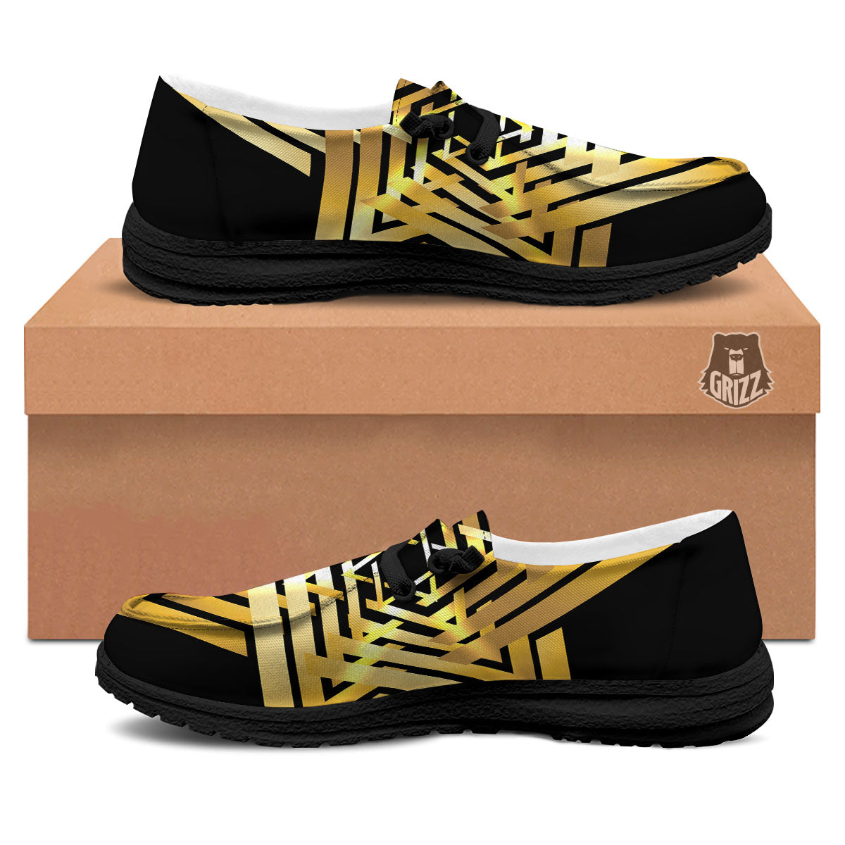 Star of David Gold And Black Print Black Loafers-grizzshop