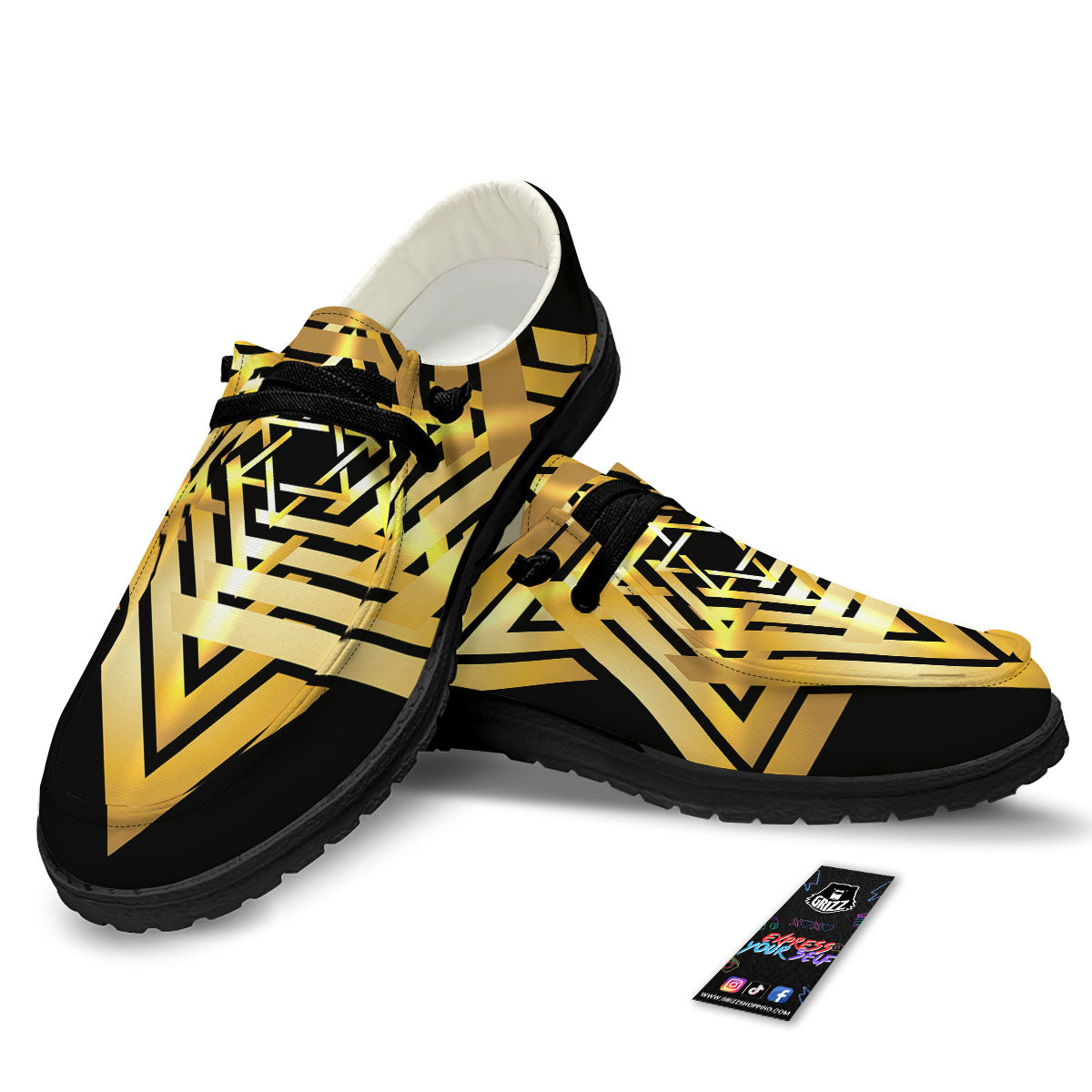 Star of David Gold And Black Print Black Loafers-grizzshop