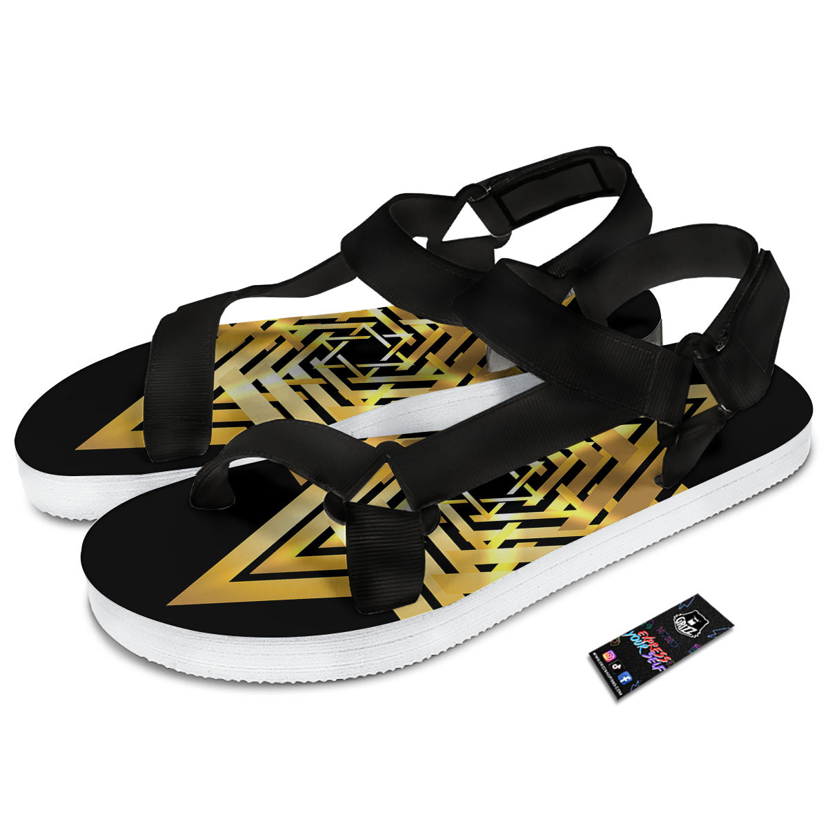 Star of David Gold And Black Print Black Open Toe Sandals-grizzshop