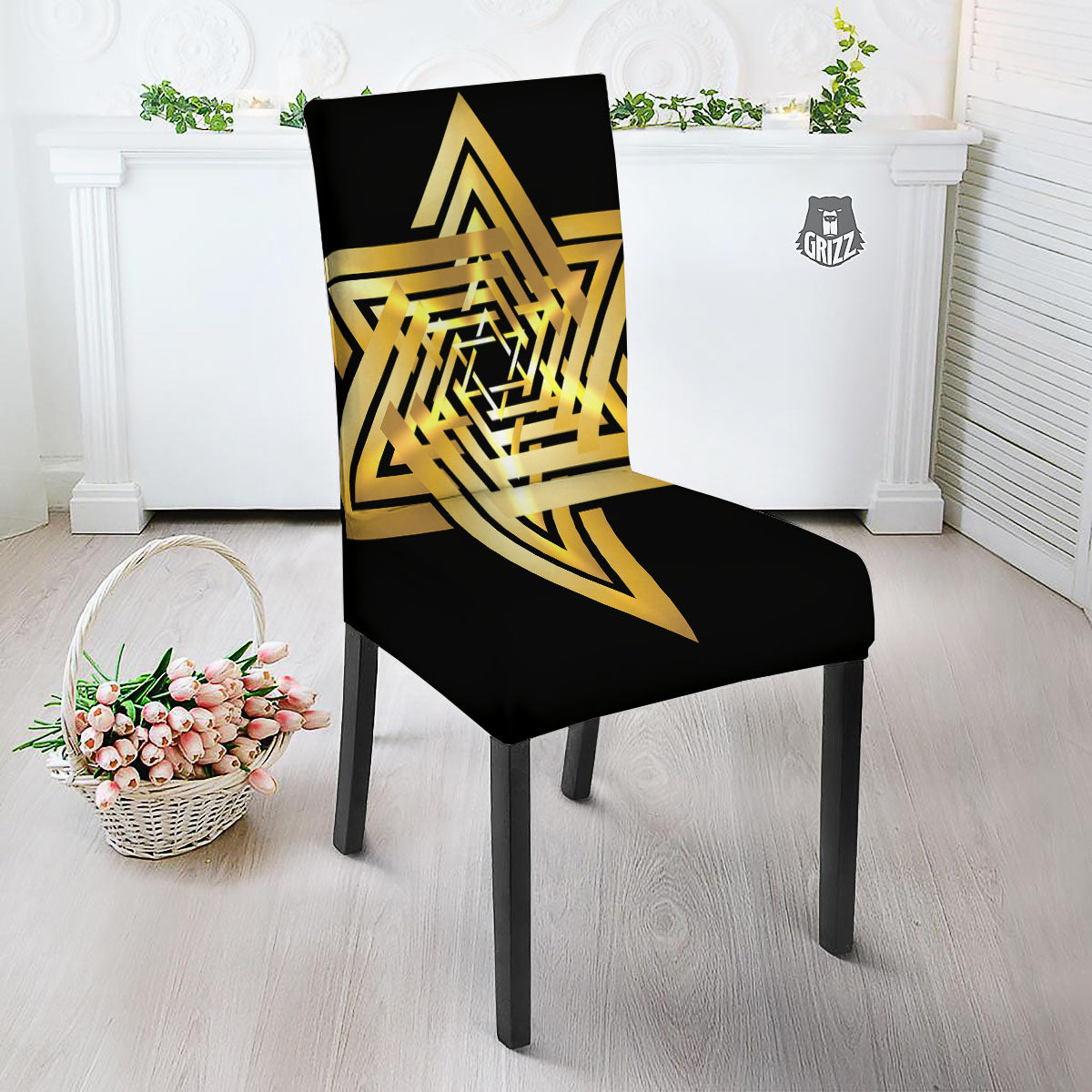 Star of David Gold And Black Print Dining Chair Slipcover-grizzshop