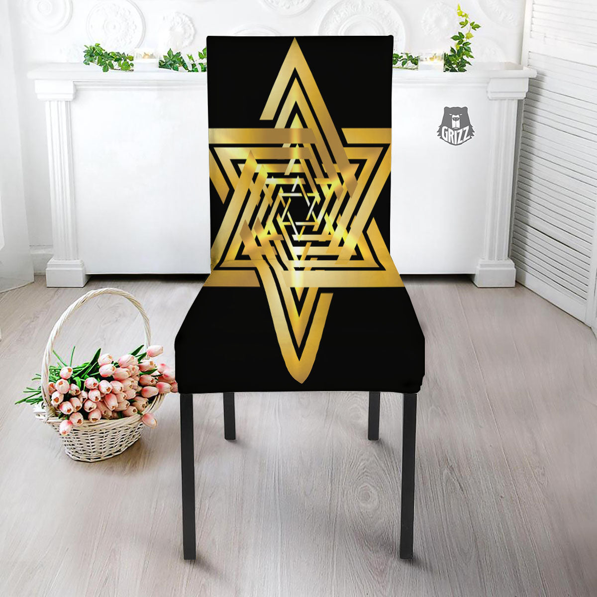 Star of David Gold And Black Print Dining Chair Slipcover-grizzshop