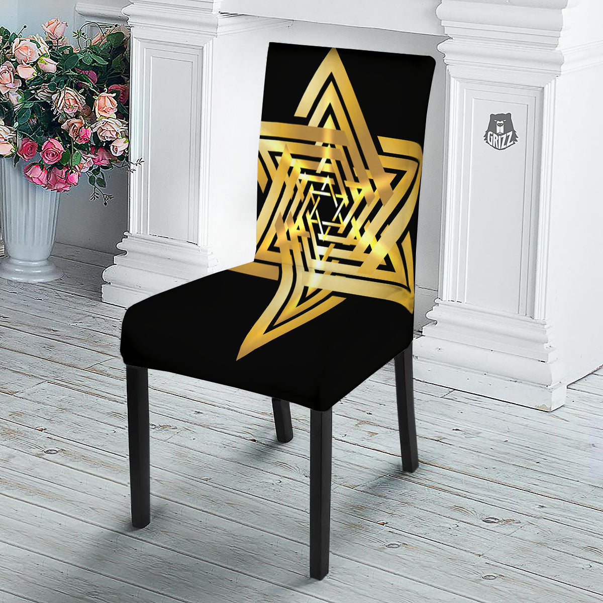 Star of David Gold And Black Print Dining Chair Slipcover-grizzshop