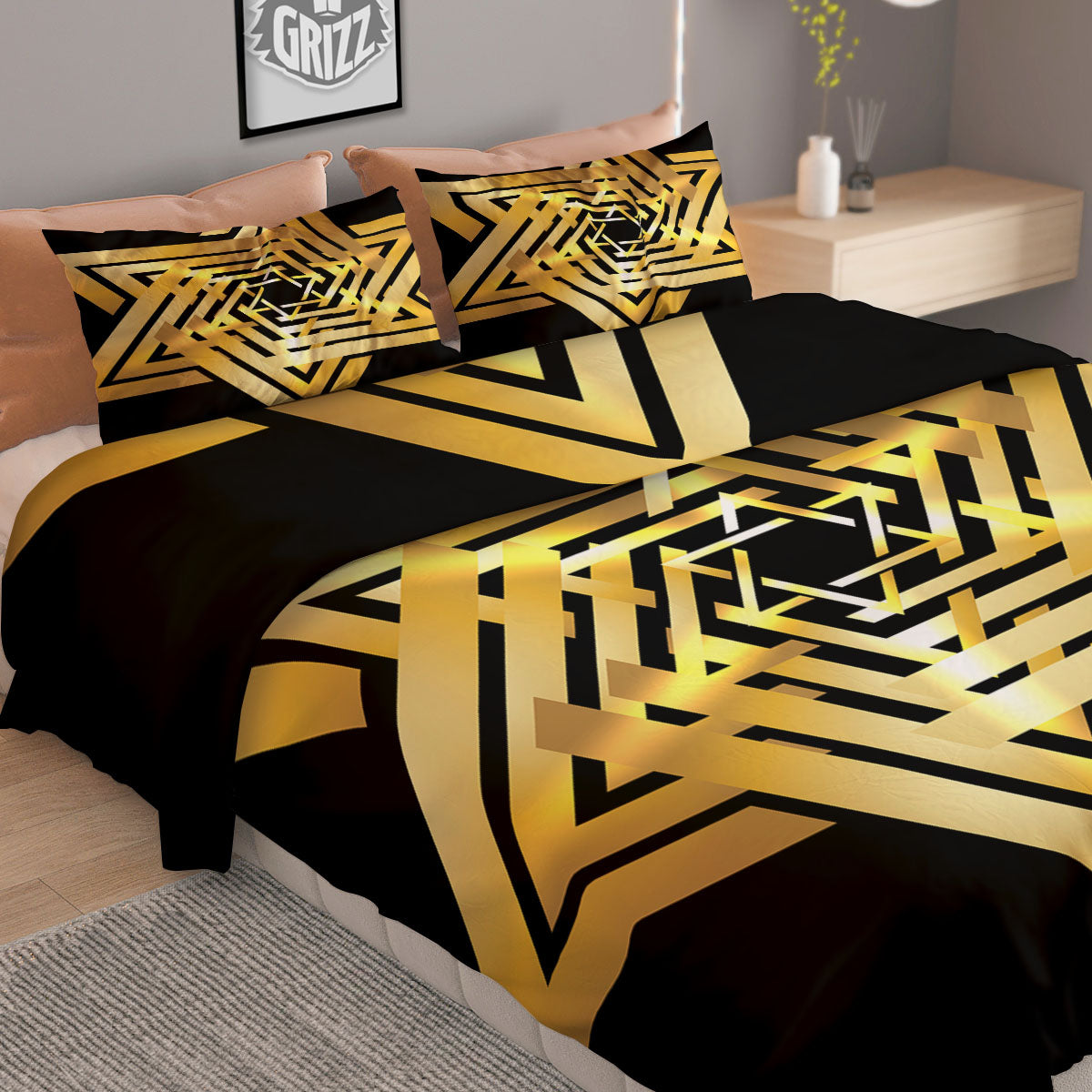Star of David Gold And Black Print Duvet Cover Bedding Set