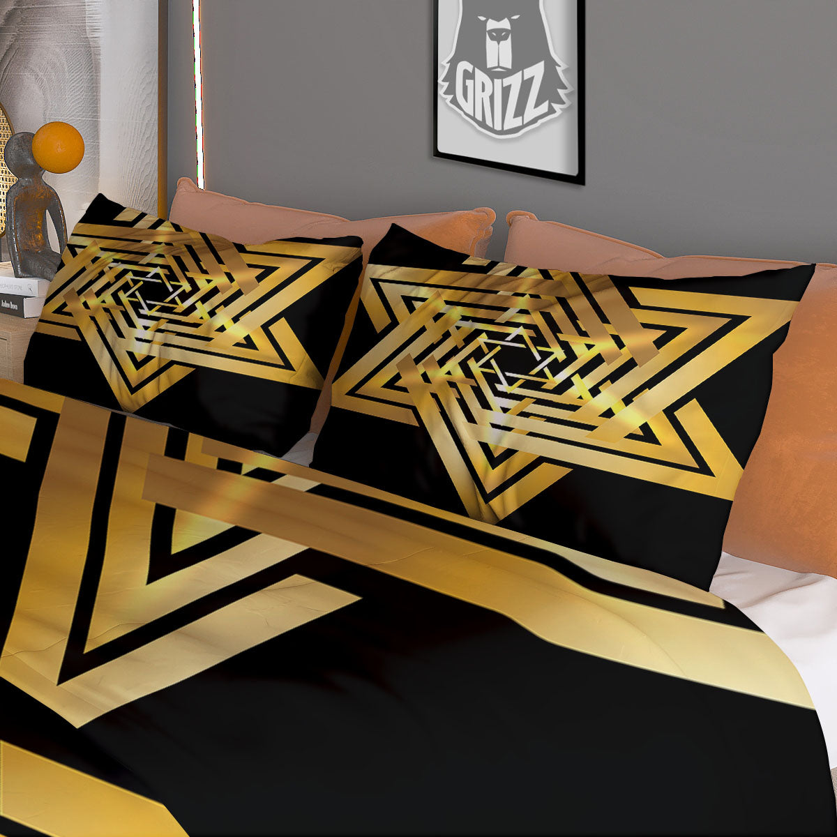Star of David Gold And Black Print Duvet Cover Bedding Set