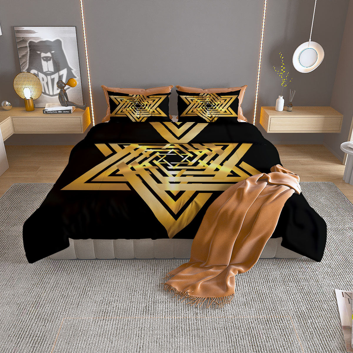Star of David Gold And Black Print Duvet Cover Bedding Set