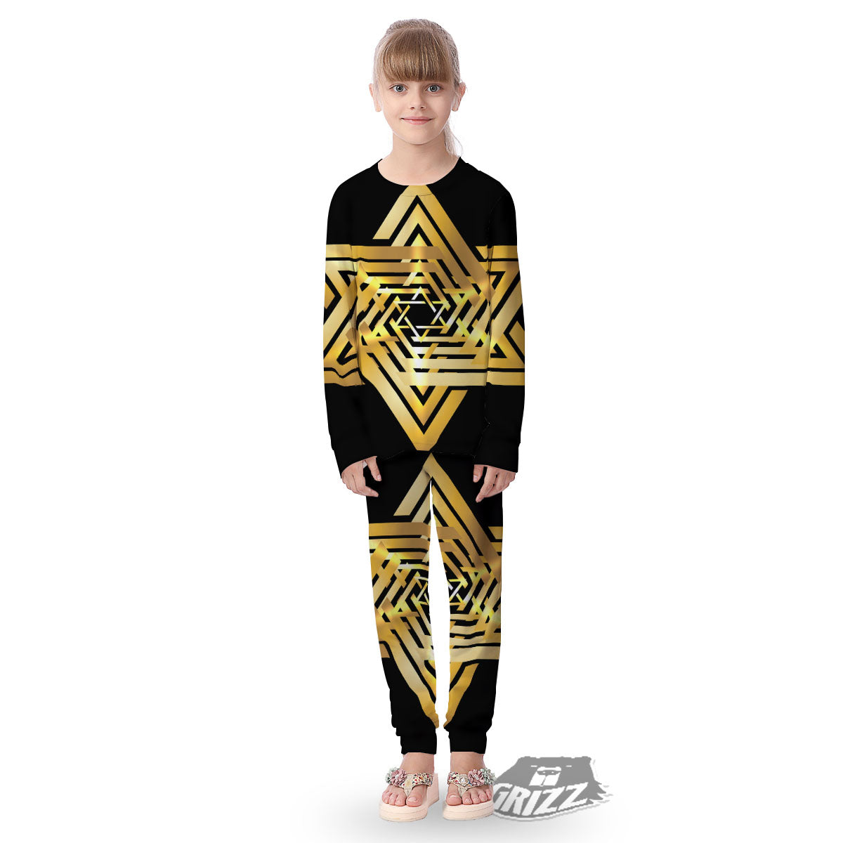 Star of David Gold And Black Print Kid's Pajamas-grizzshop