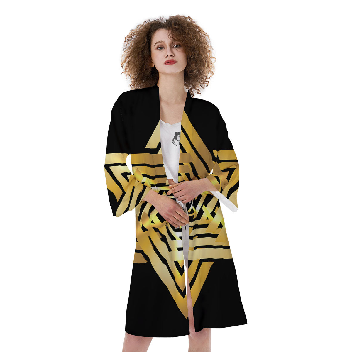 Star of David Gold And Black Print Kimono-grizzshop