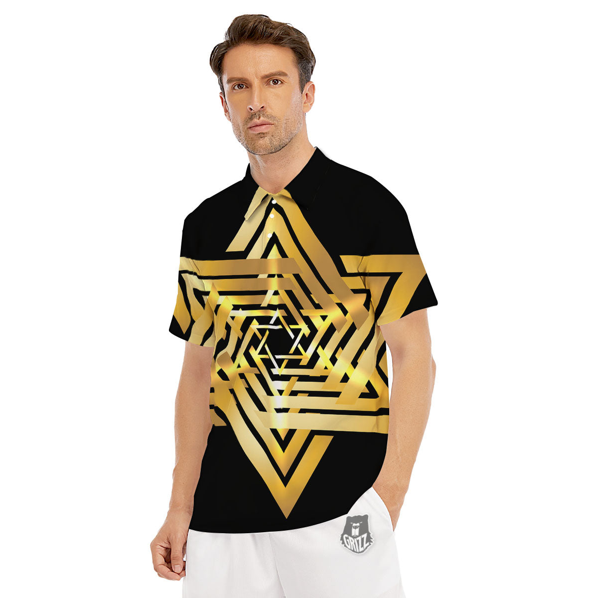 Star of David Gold And Black Print Men's Golf Shirts-grizzshop
