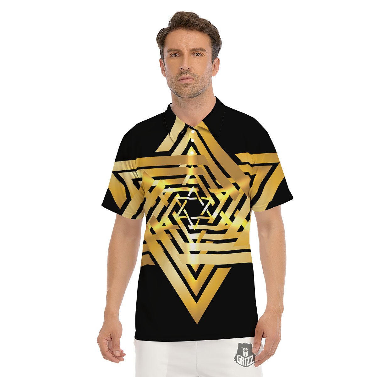 Star of David Gold And Black Print Men's Golf Shirts-grizzshop