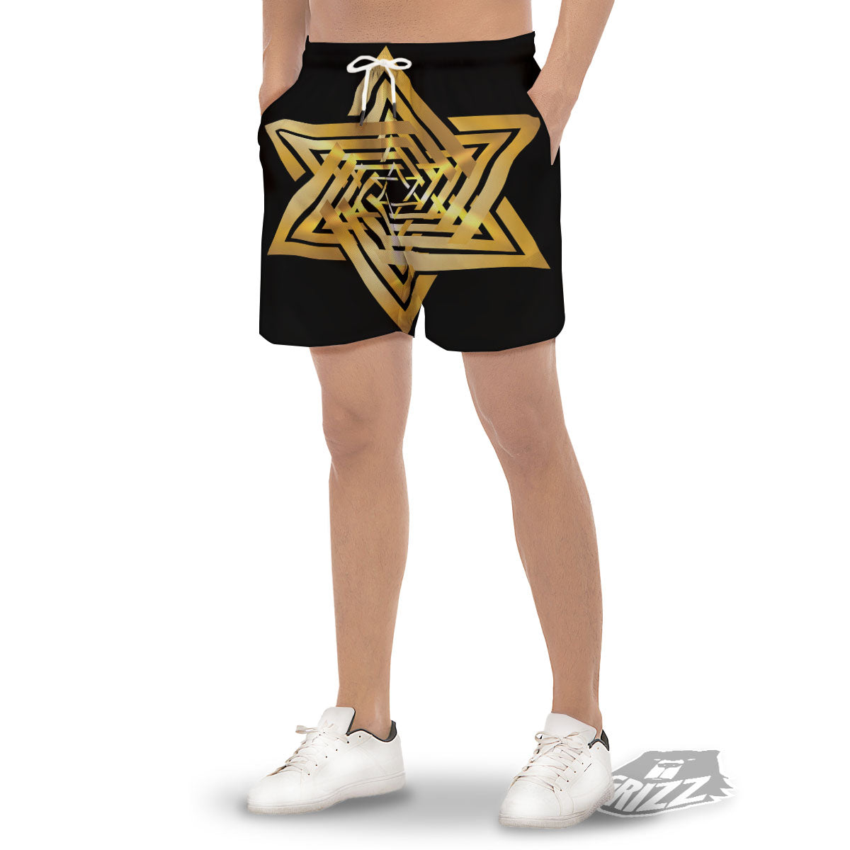 Star of David Gold And Black Print Men's Gym Shorts-grizzshop