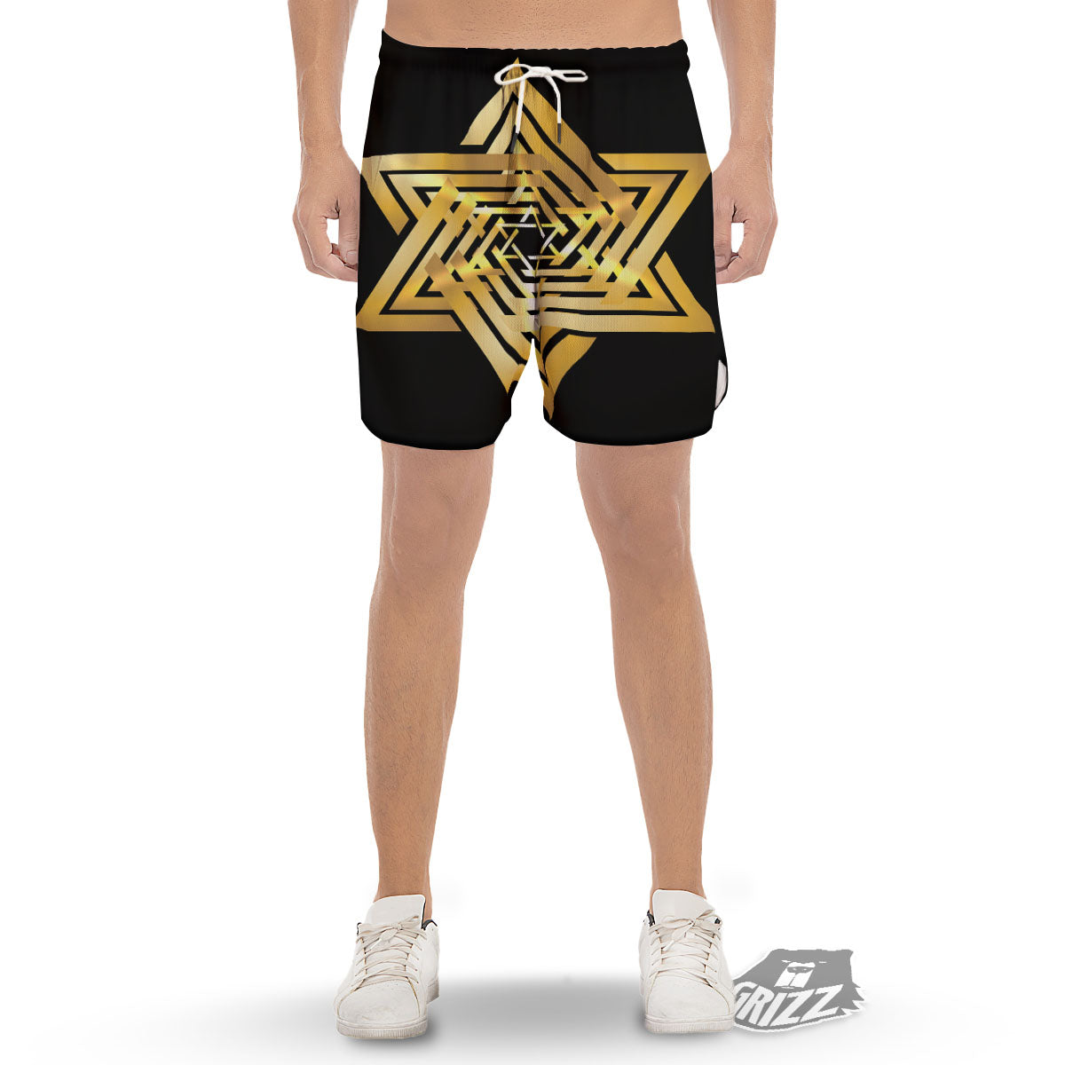 Star of David Gold And Black Print Men's Gym Shorts-grizzshop