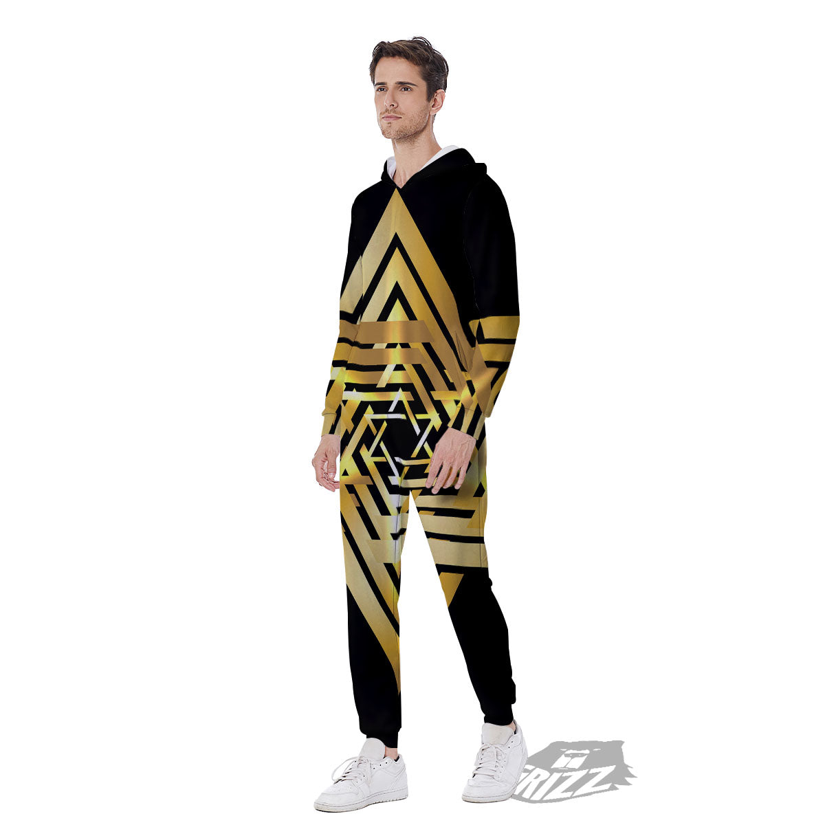 Star of David Gold And Black Print Men's Jumpsuit-grizzshop