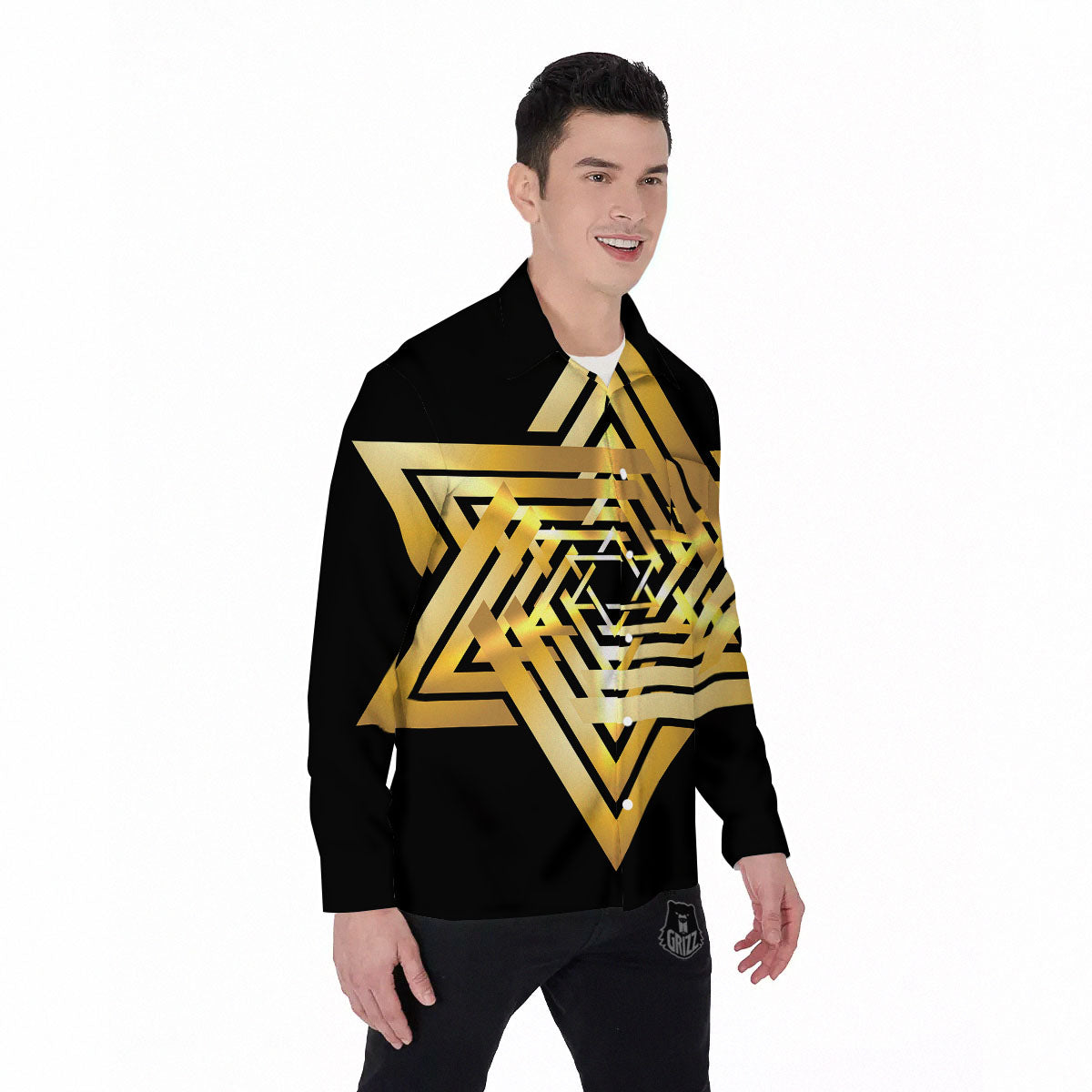 Star of David Gold And Black Print Men's Long Sleeve Shirts-grizzshop