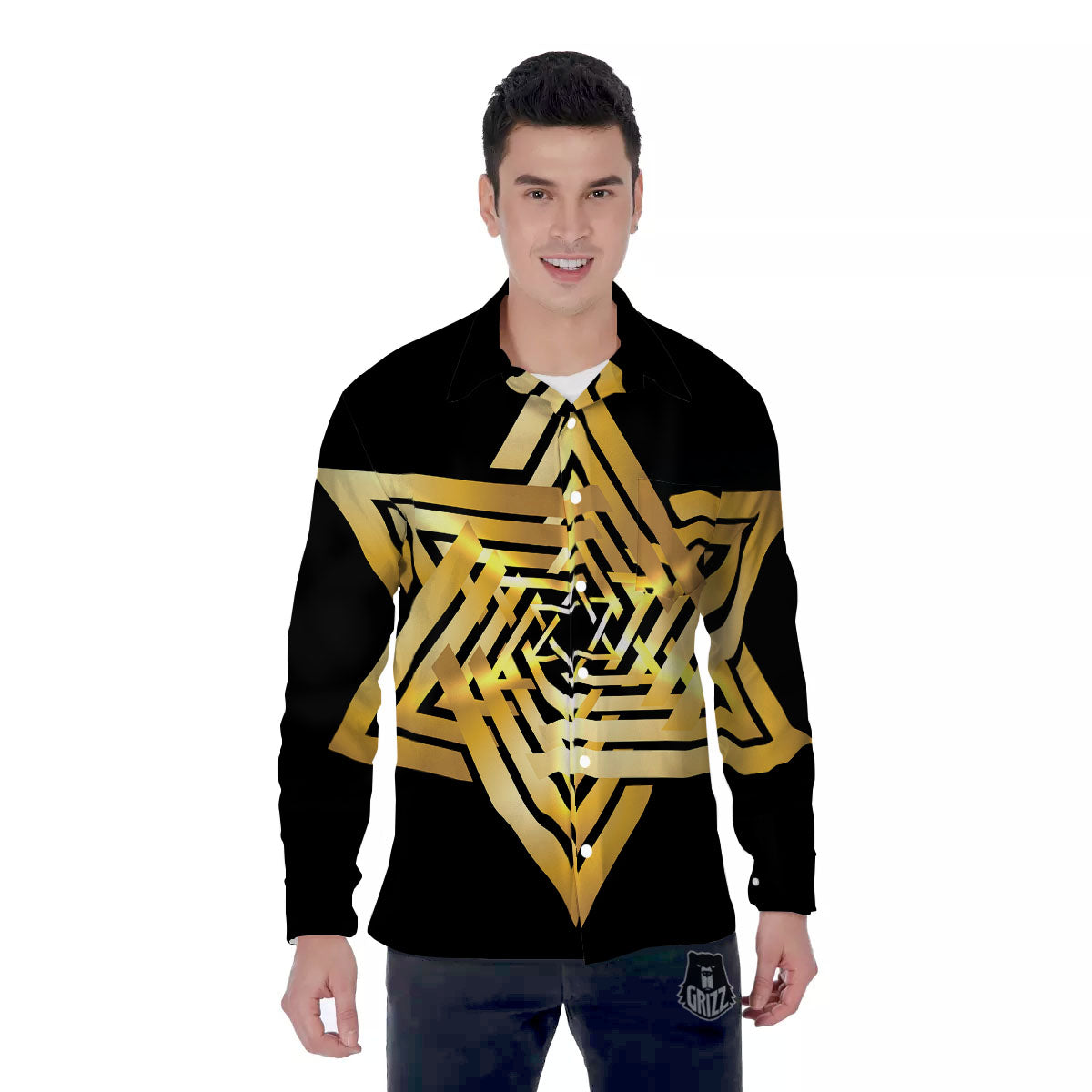 Star of David Gold And Black Print Men's Long Sleeve Shirts-grizzshop