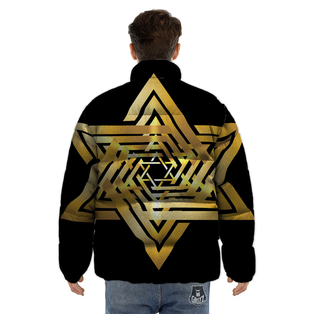 Star of David Gold And Black Print Puffer Jacket-grizzshop