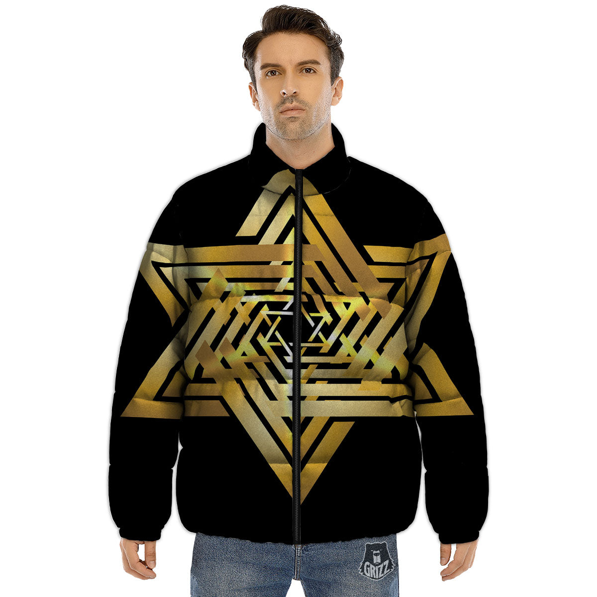 Star of David Gold And Black Print Puffer Jacket-grizzshop