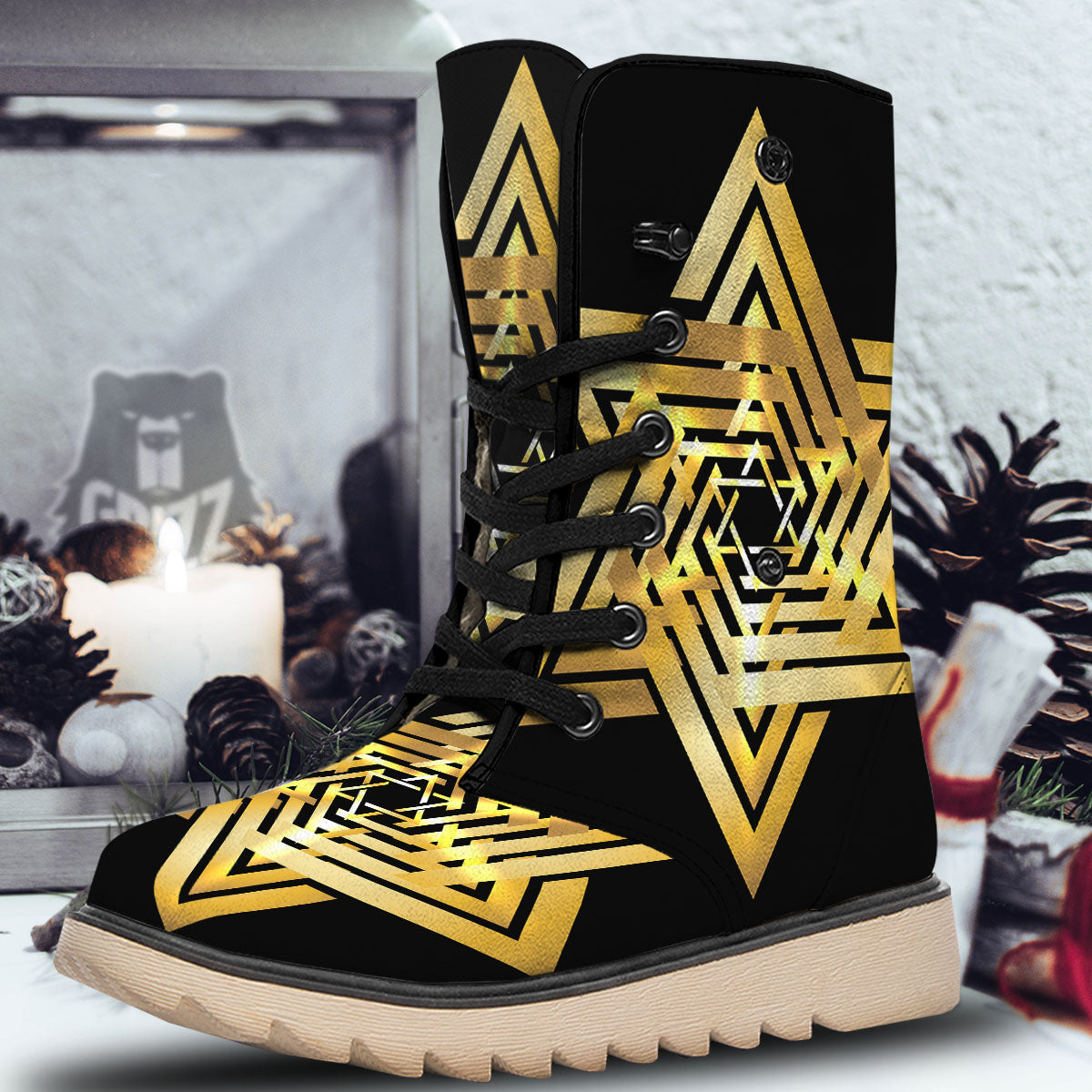 Star of David Gold And Black Print Snow Boots-grizzshop