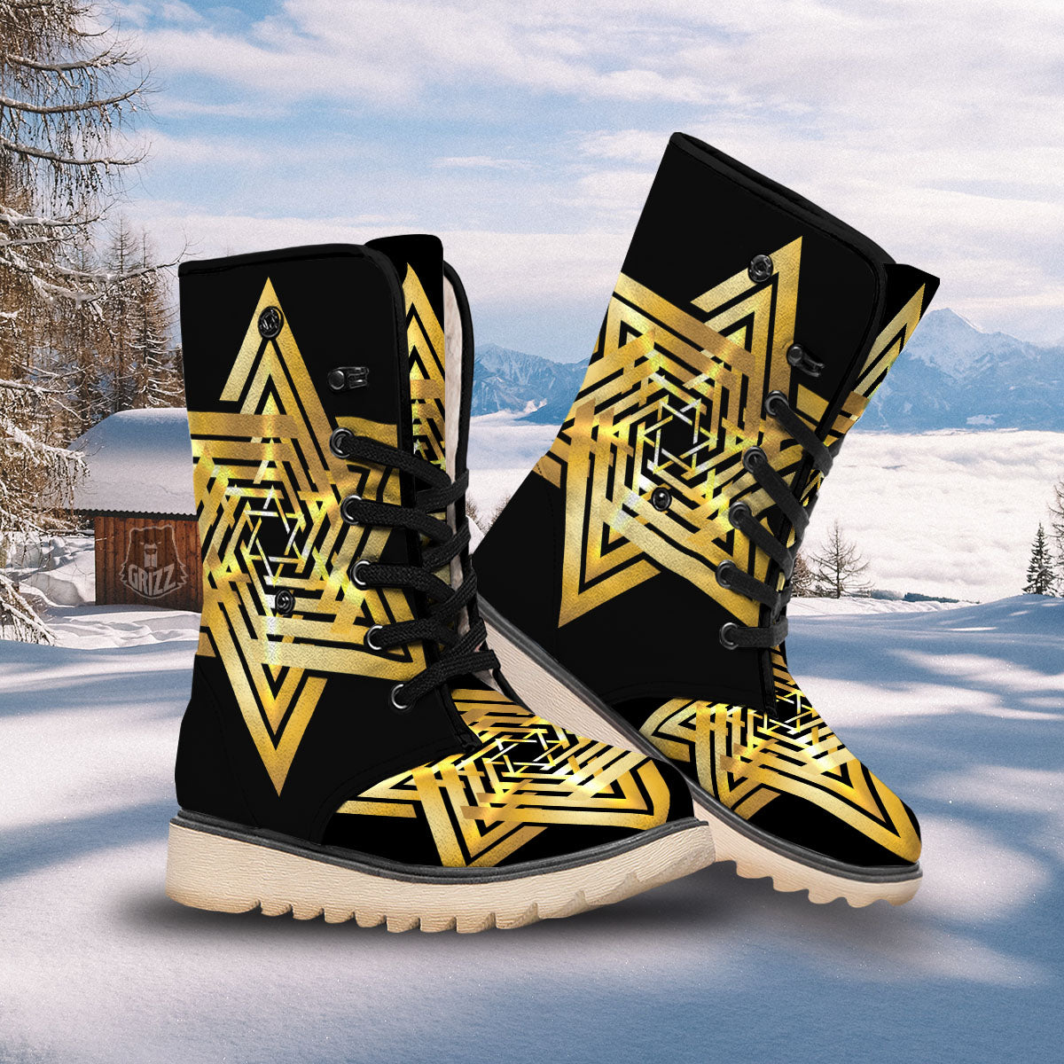 Star of David Gold And Black Print Snow Boots-grizzshop