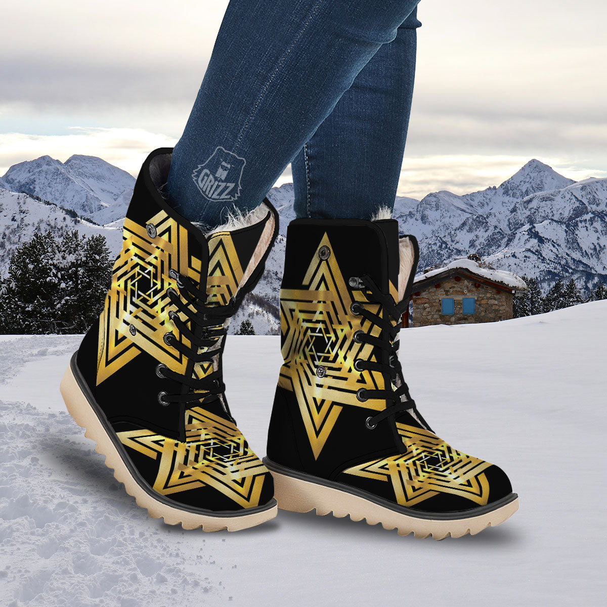 Star of David Gold And Black Print Snow Boots-grizzshop