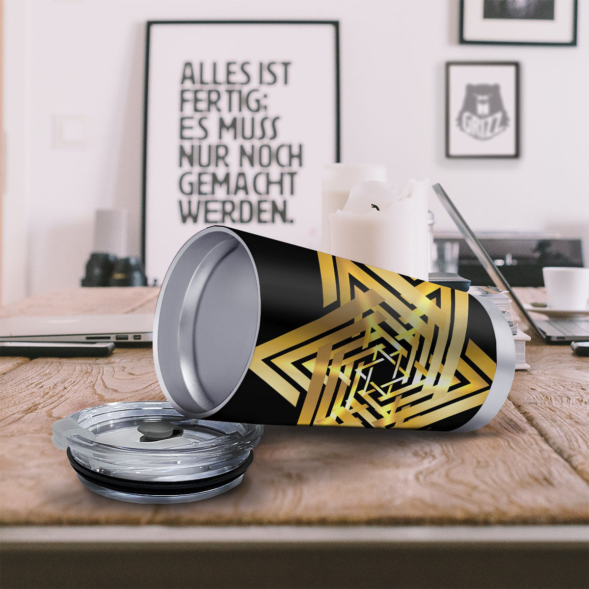 Star of David Gold And Black Print Tumbler-grizzshop