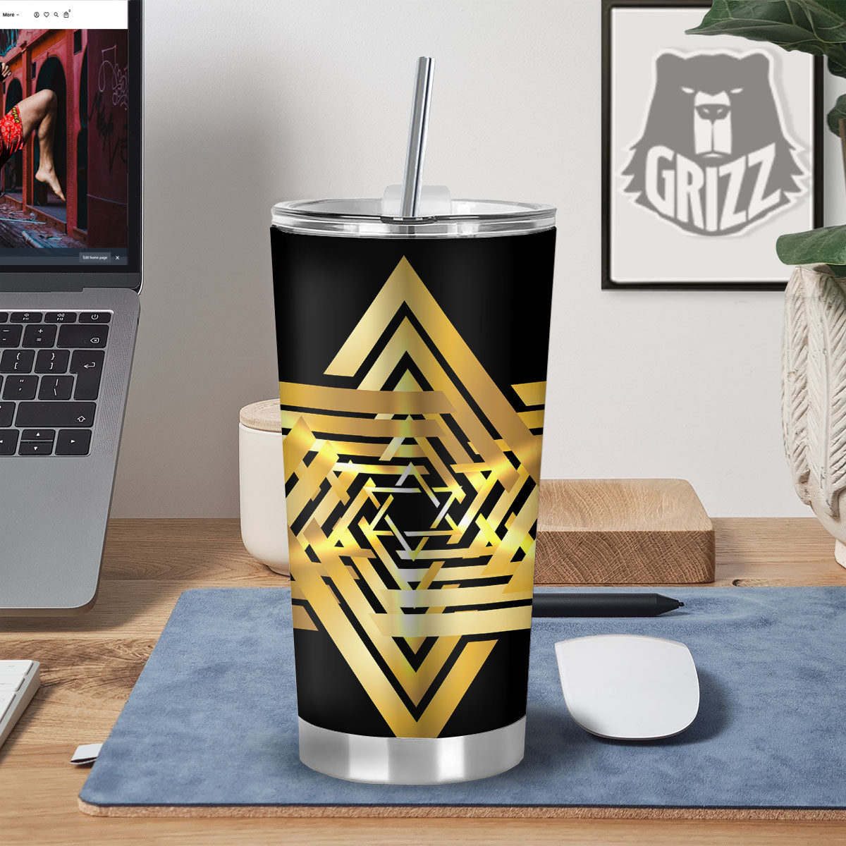 Star of David Gold And Black Print Tumbler-grizzshop