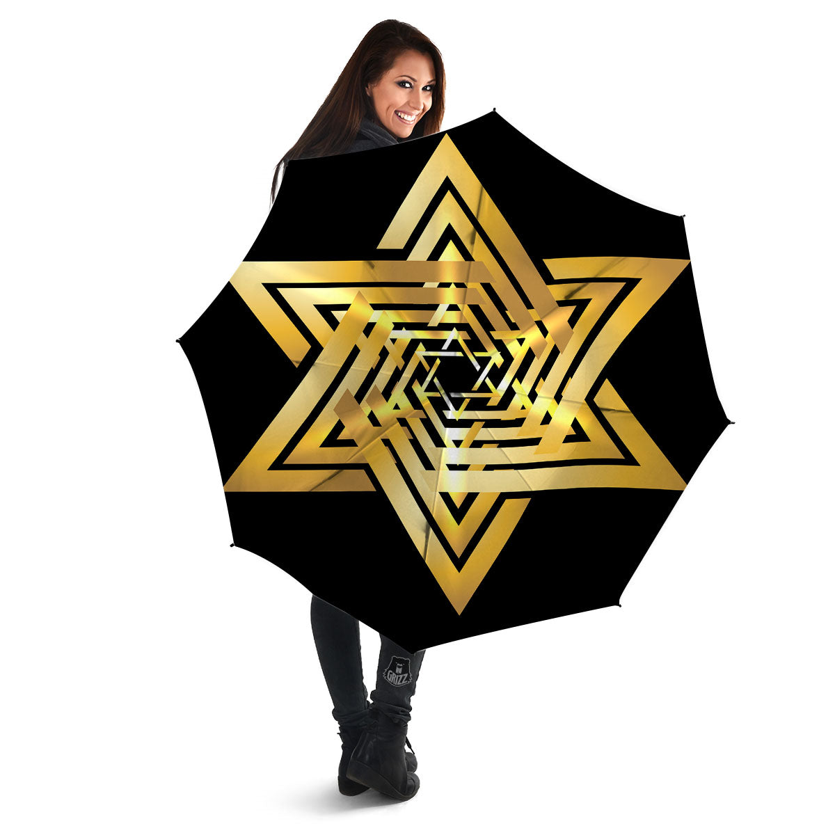 Star of David Gold And Black Print Umbrella-grizzshop