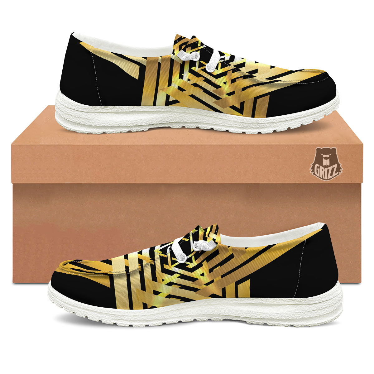 Star of David Gold And Black Print White Loafers-grizzshop