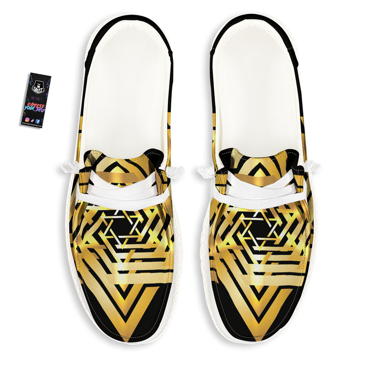 Star of David Gold And Black Print White Loafers-grizzshop