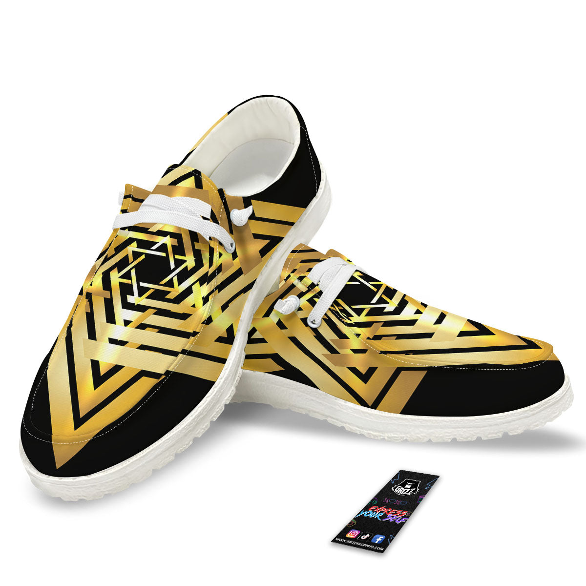 Star of David Gold And Black Print White Loafers-grizzshop
